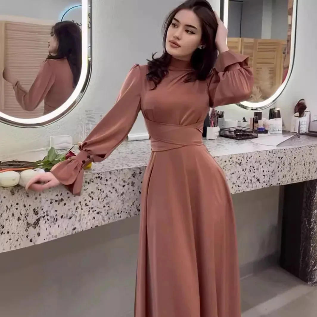 Satin Long-sleeve Summer Women's Waist Dress