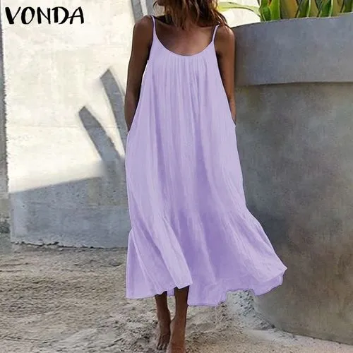 Spot!  New Ruffled Solid Color Long Dress Sleeveless Loose Thin Shoulder Strap Dress Summer Dress