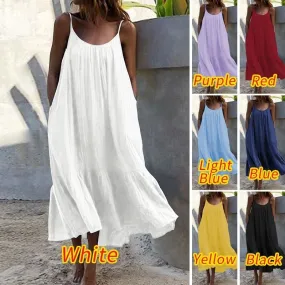 Spot!  New Ruffled Solid Color Long Dress Sleeveless Loose Thin Shoulder Strap Dress Summer Dress