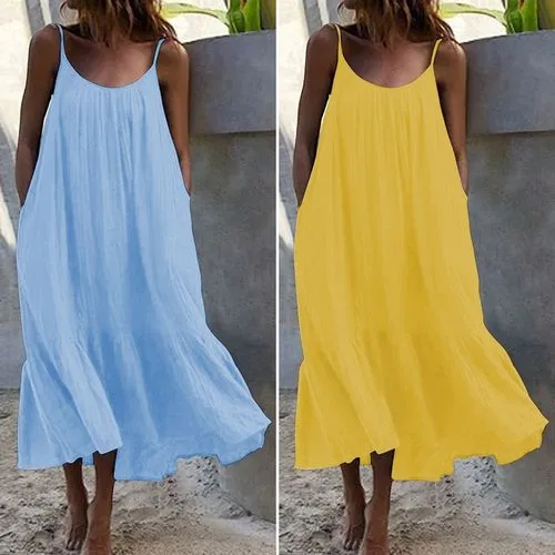 Spot!  New Ruffled Solid Color Long Dress Sleeveless Loose Thin Shoulder Strap Dress Summer Dress