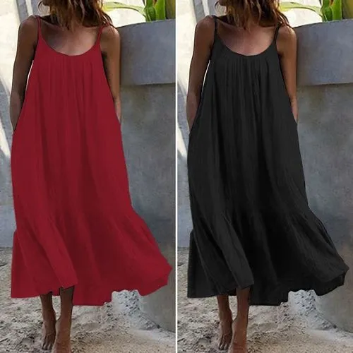 Spot!  New Ruffled Solid Color Long Dress Sleeveless Loose Thin Shoulder Strap Dress Summer Dress