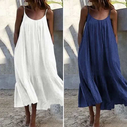 Spot!  New Ruffled Solid Color Long Dress Sleeveless Loose Thin Shoulder Strap Dress Summer Dress