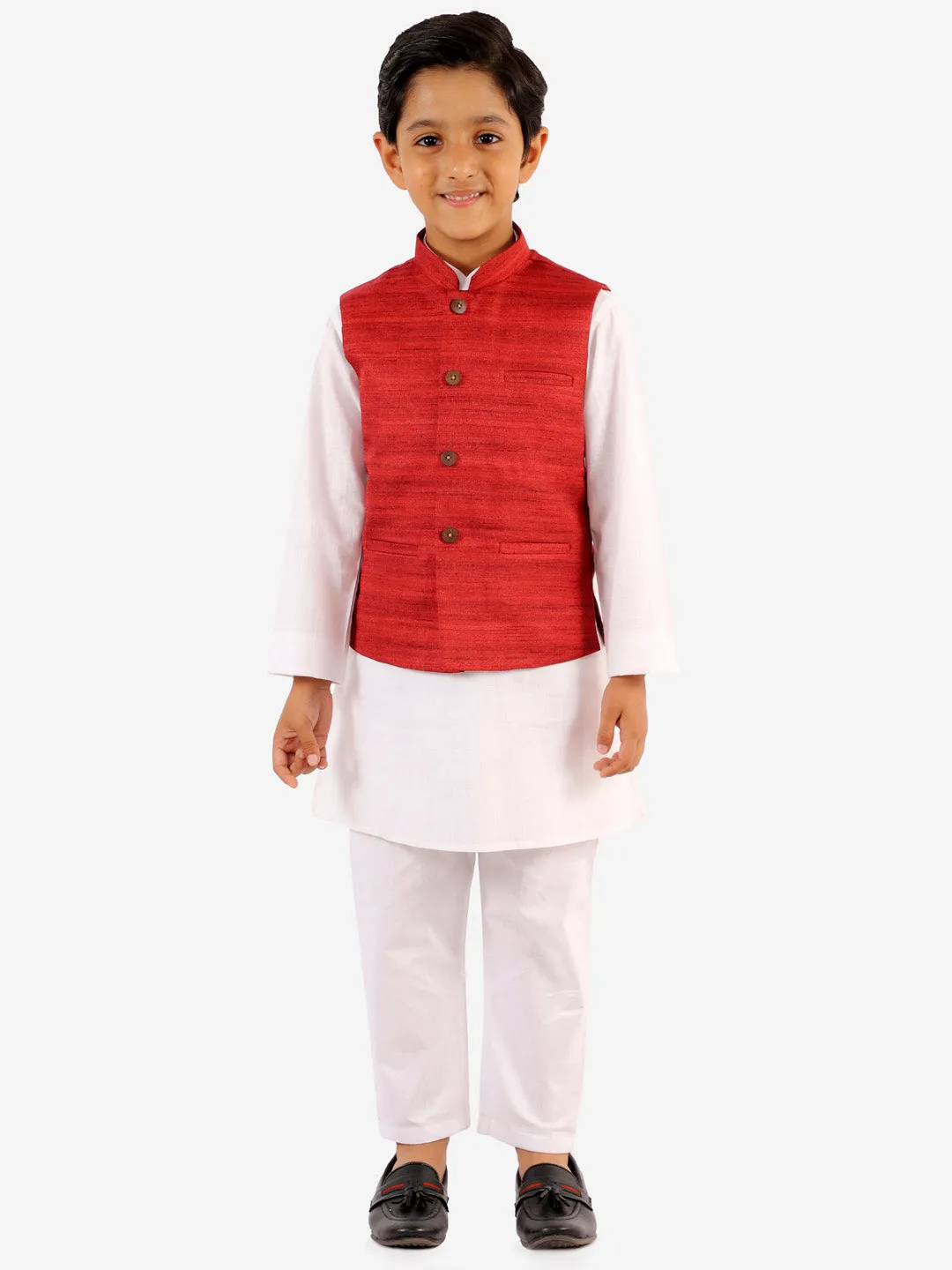 Vastramay Boys' Maroon And White Jacket, Kurta and Pyjama Set