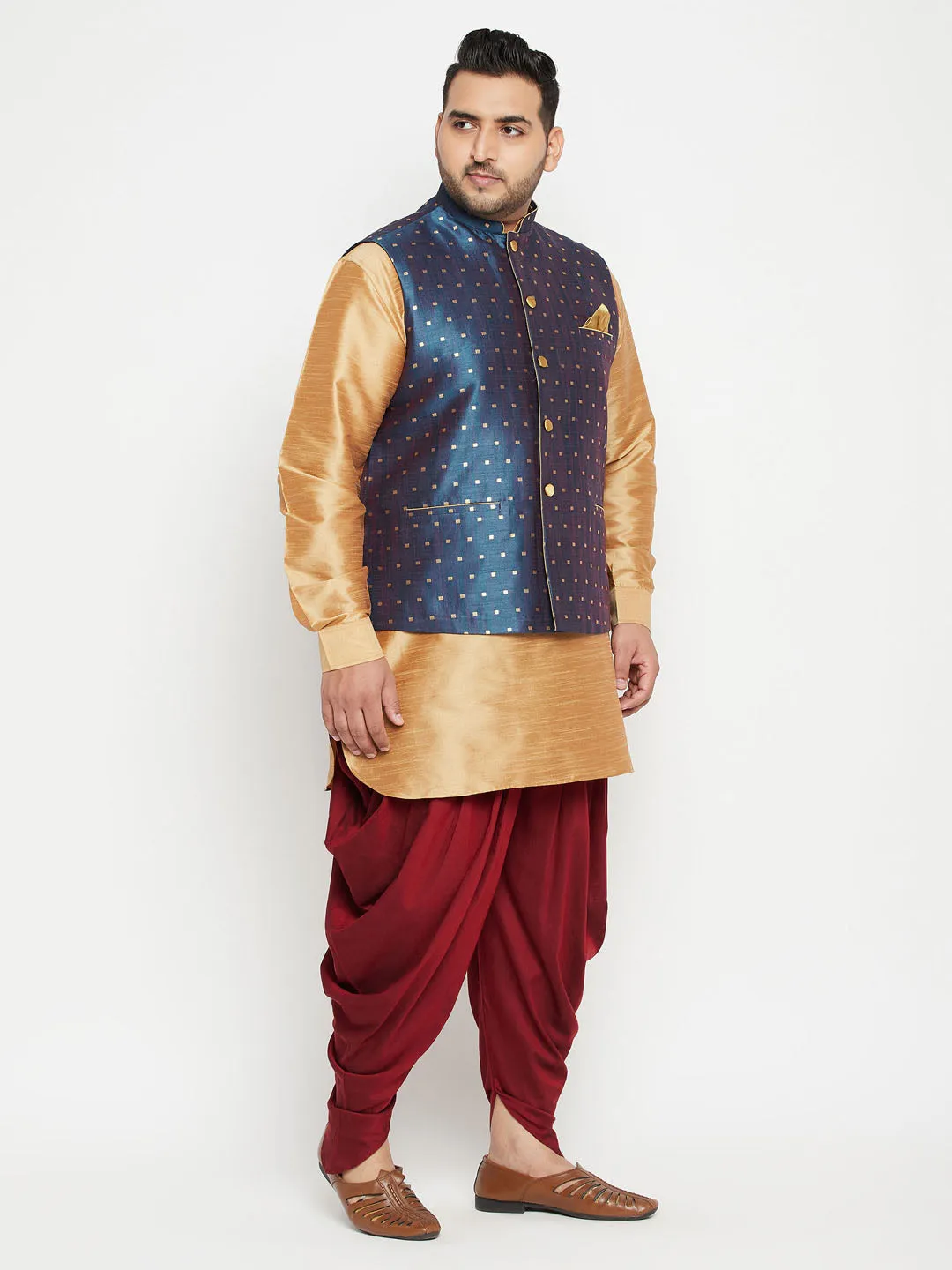 VASTRAMAY Men's Plus Size Blue Zari Weaved Nehru Jacket With Curved Kurta Dhoti set