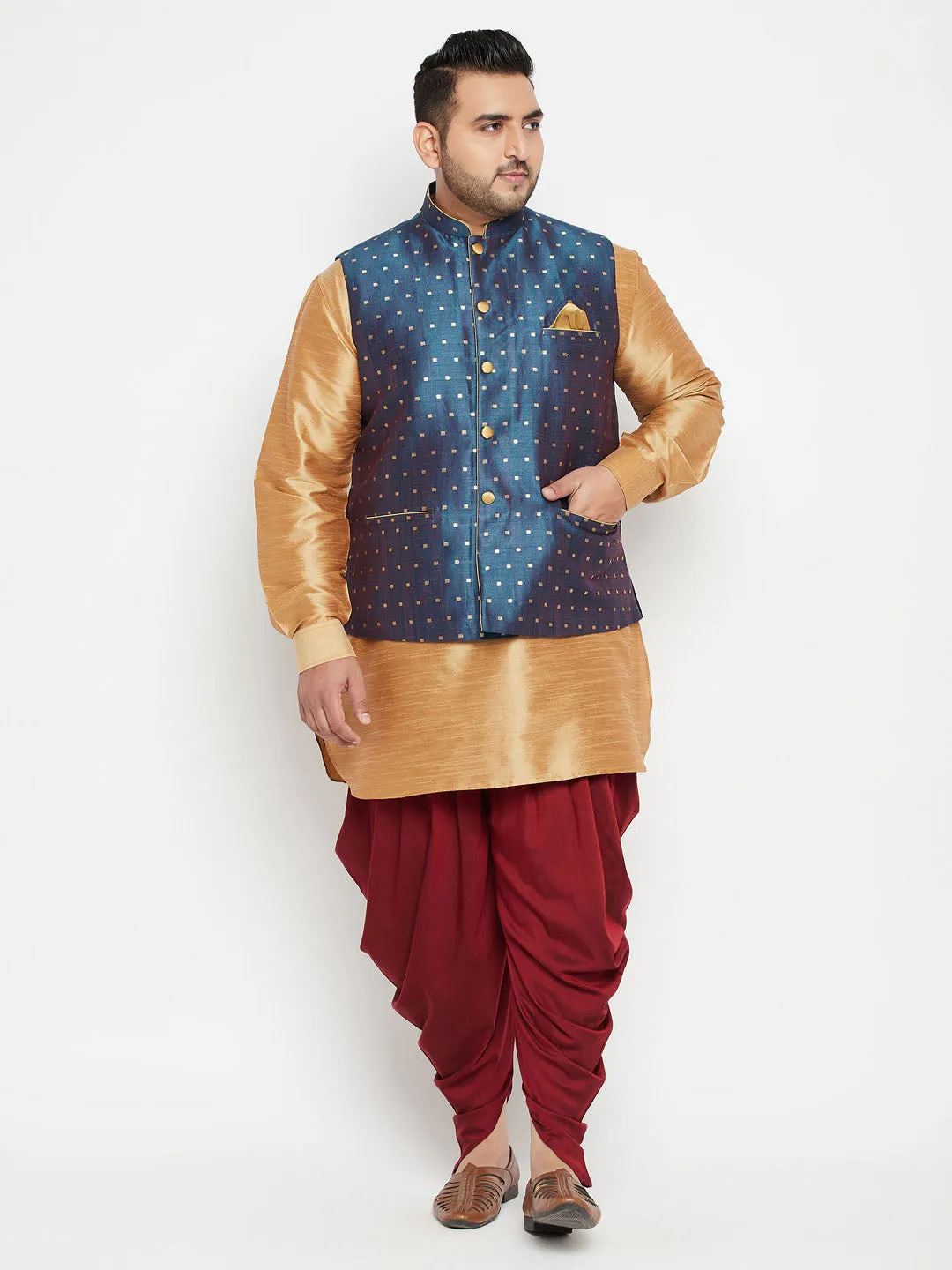 VASTRAMAY Men's Plus Size Blue Zari Weaved Nehru Jacket With Curved Kurta Dhoti set