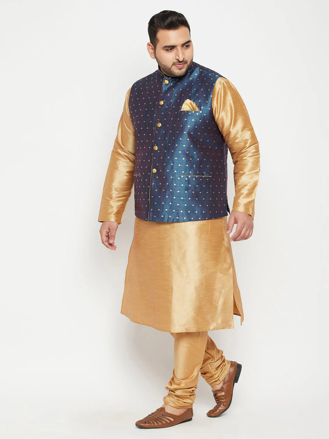 VASTRAMAY Men's Plus Size Blue Zari Weaved Nehru Jacket With Kurta Pyjama set