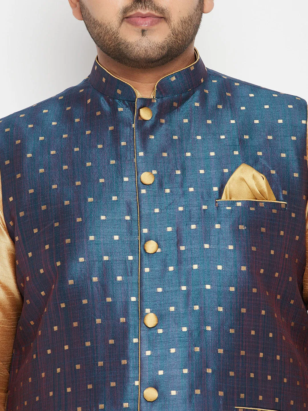 VASTRAMAY Men's Plus Size Blue Zari Weaved Nehru Jacket With Kurta Pyjama set