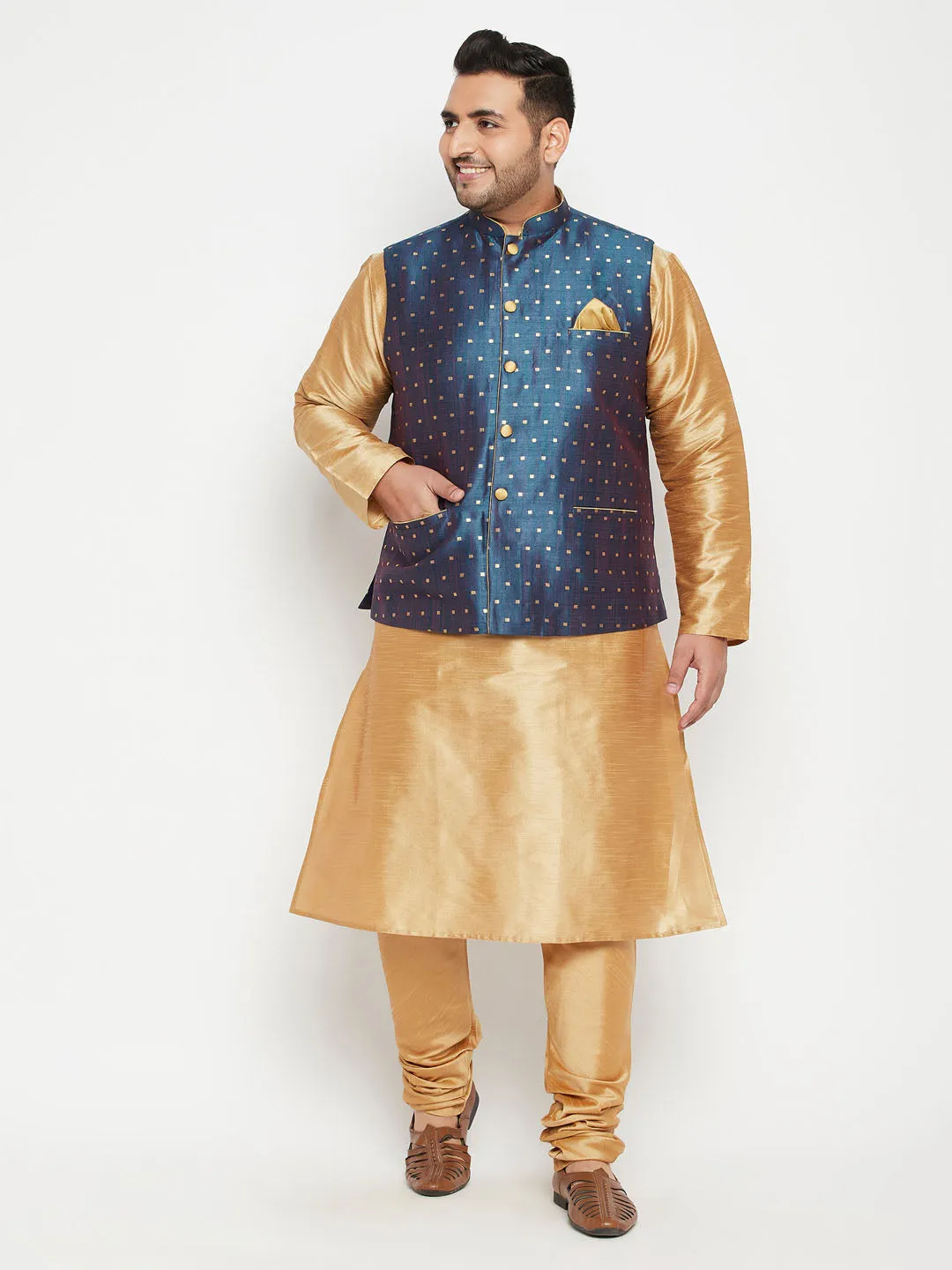 VASTRAMAY Men's Plus Size Blue Zari Weaved Nehru Jacket With Kurta Pyjama set