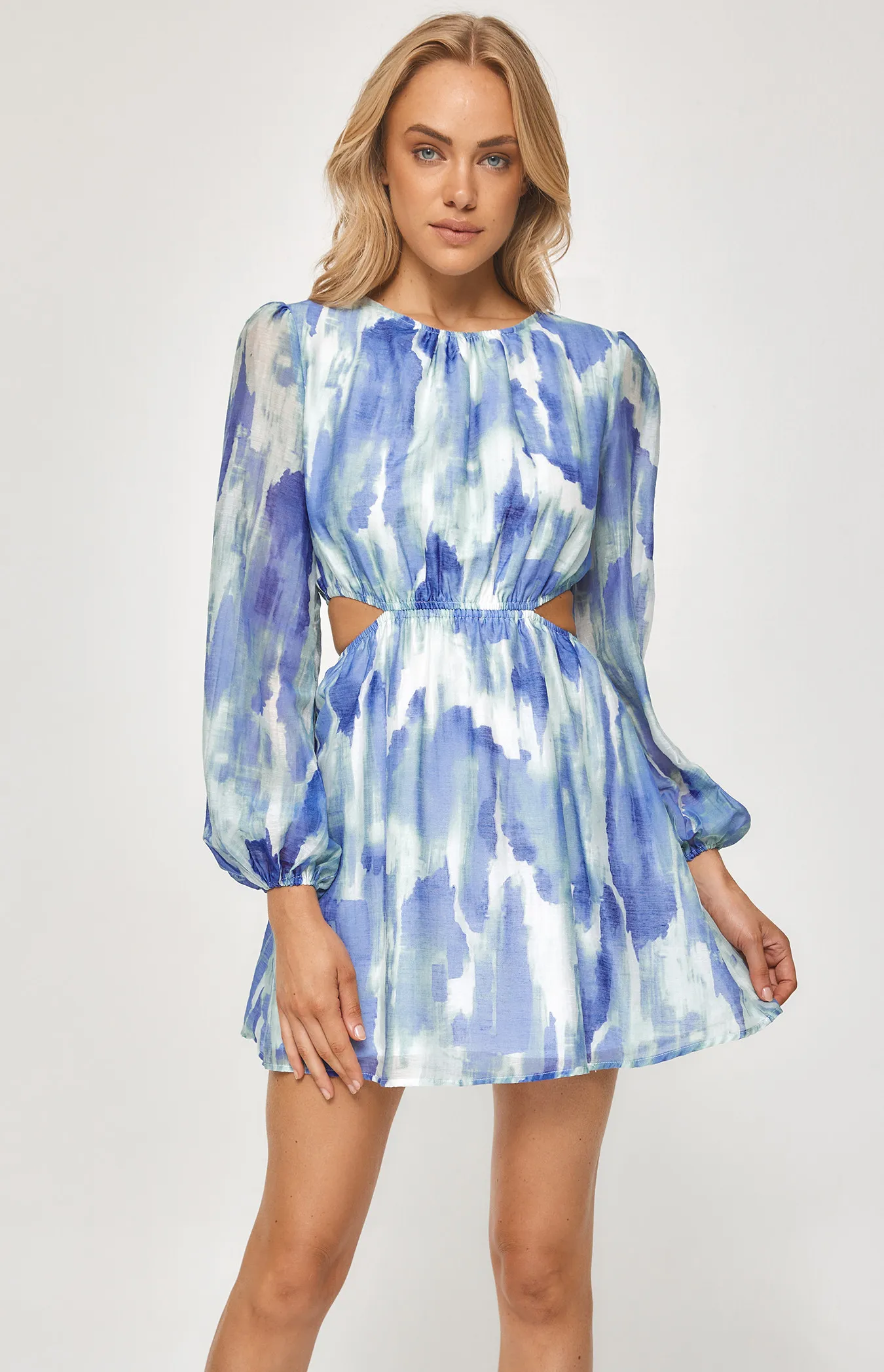 Watercolour Print Dress with Elastic Waist Cut Out (WDR454B) 