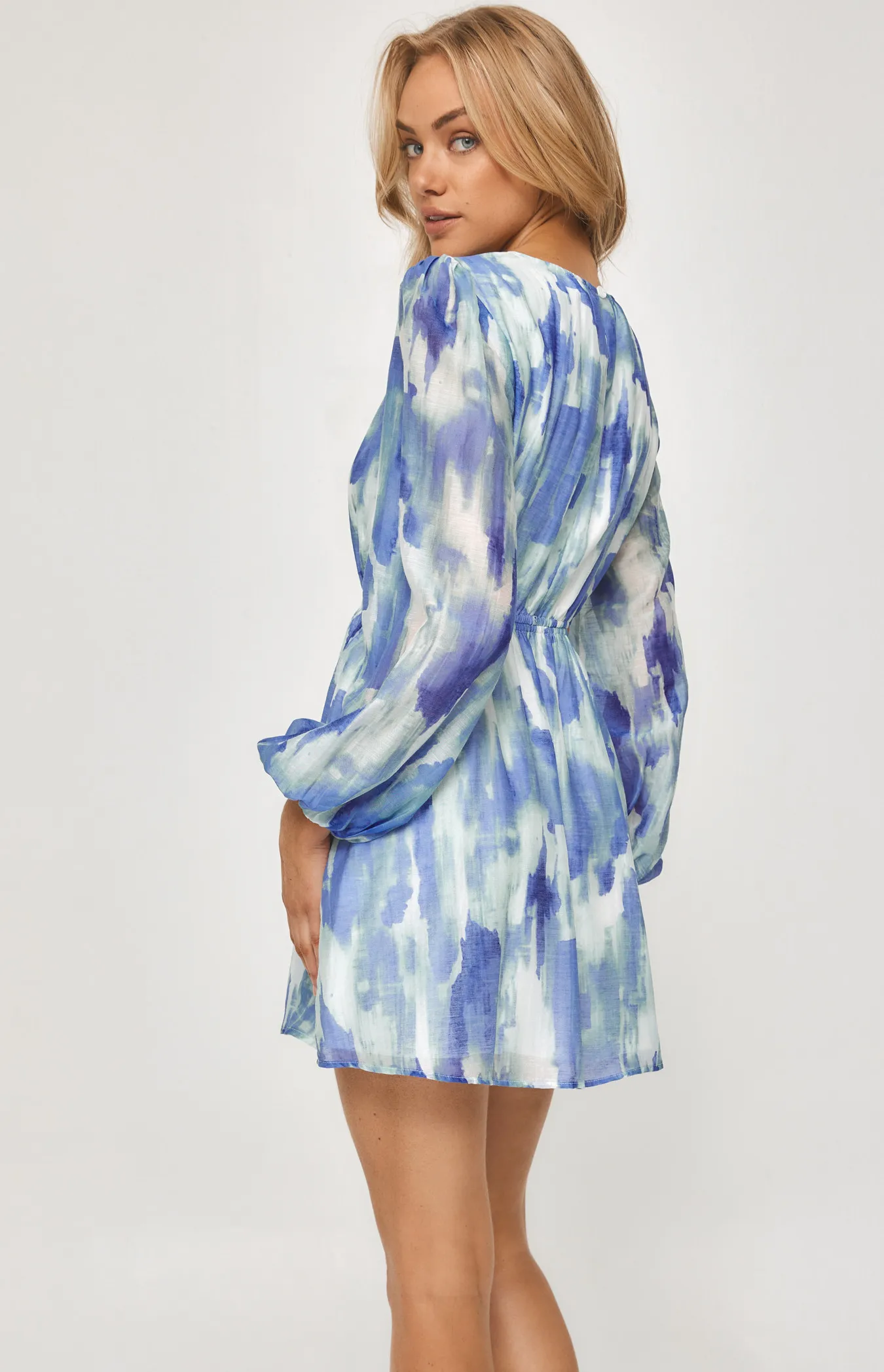 Watercolour Print Dress with Elastic Waist Cut Out (WDR454B) 