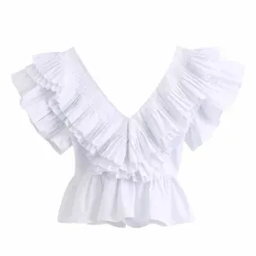 White Ruffle V Neck Top