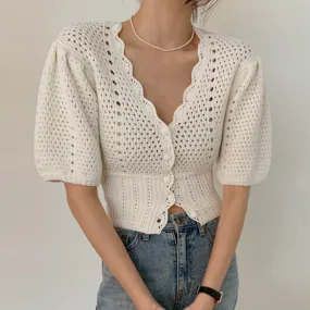 Women Knitted T shirt Hollow Out Casual Single-breasted Cardigan Elegant Sexy V-Neck Femme Tops Outwear