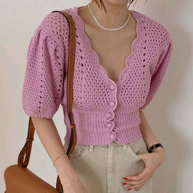 Women Knitted T shirt Hollow Out Casual Single-breasted Cardigan Elegant Sexy V-Neck Femme Tops Outwear