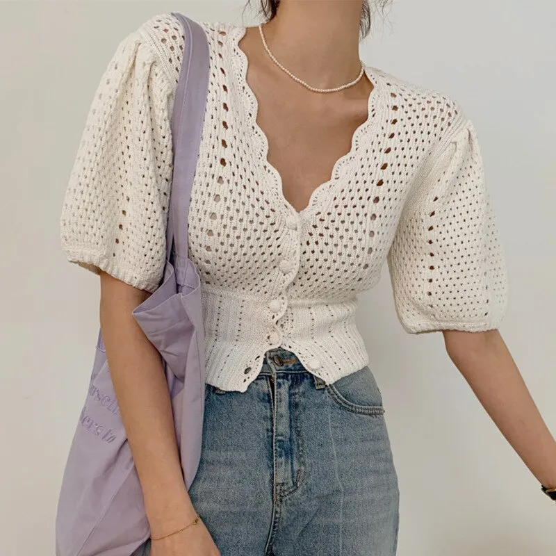 Women Knitted T shirt Hollow Out Casual Single-breasted Cardigan Elegant Sexy V-Neck Femme Tops Outwear