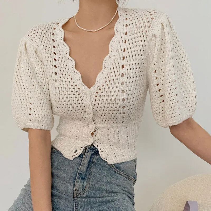 Women Knitted T shirt Hollow Out Casual Single-breasted Cardigan Elegant Sexy V-Neck Femme Tops Outwear