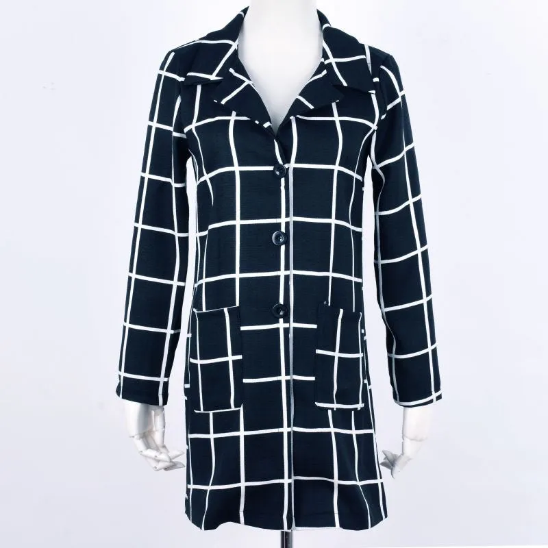 Women Long Sleeve Plaid V-neck Slim Punk Style Casual Windbreaker Trench SM6