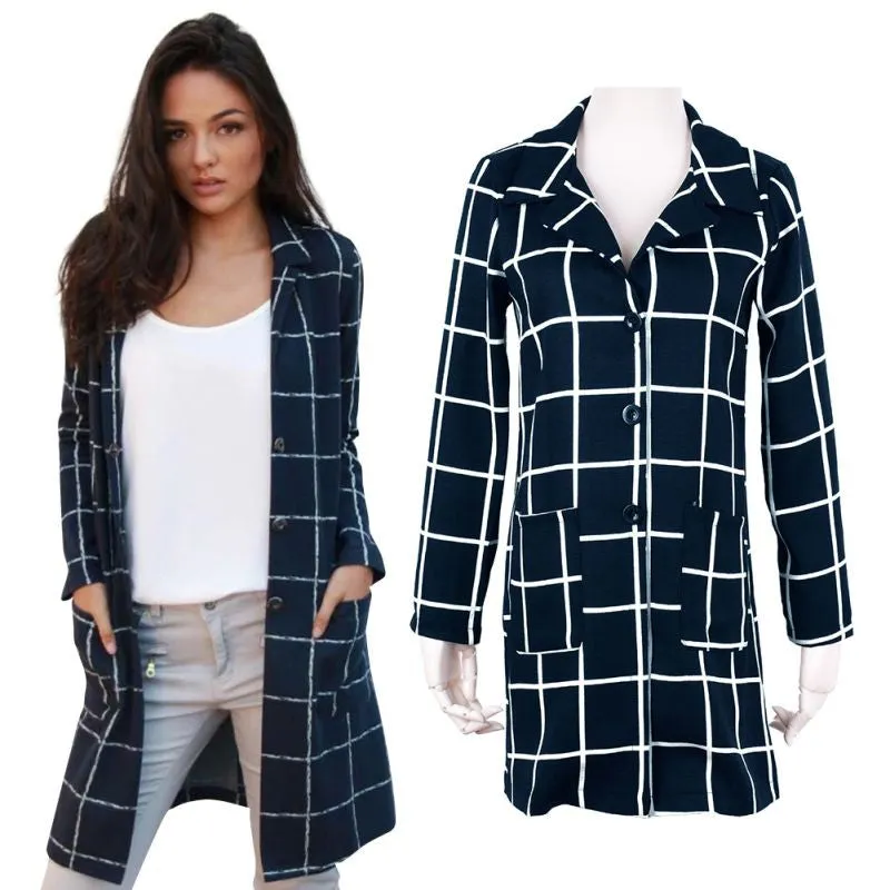 Women Long Sleeve Plaid V-neck Slim Punk Style Casual Windbreaker Trench SM6