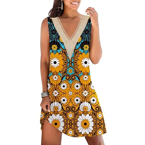 Women's A-line Skirt Elegant V Neck Printing Lace Sleeveless Flower Knee-length Street