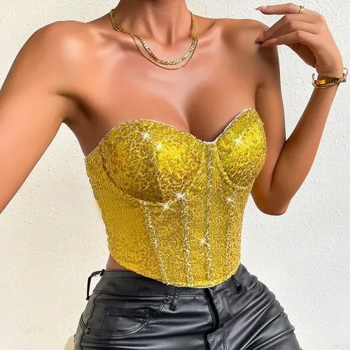 Women's Bandeau Tank Tops Sequins Sexy Solid Color