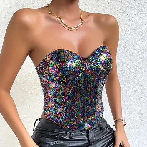 Women's Bandeau Tank Tops Sequins Sexy Solid Color