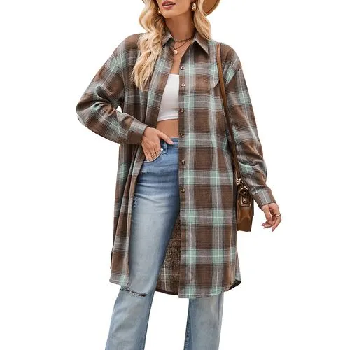 Women's Coat Long Sleeve Blouses Pocket Streetwear Plaid