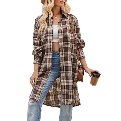 Women's Coat Long Sleeve Blouses Pocket Streetwear Plaid