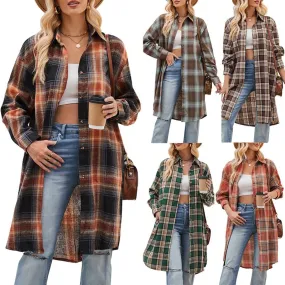 Women's Coat Long Sleeve Blouses Pocket Streetwear Plaid