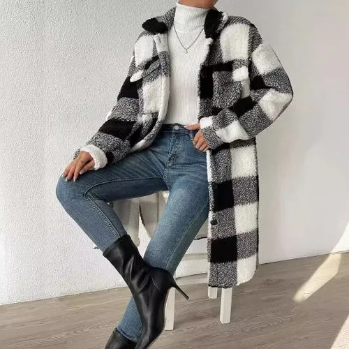 Women's Elegant Streetwear Plaid Printing Pocket Single Breasted Coat Woolen Coat