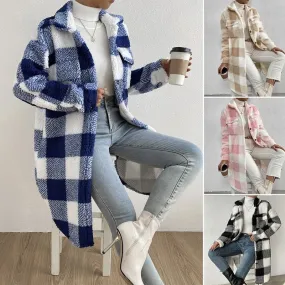 Women's Elegant Streetwear Plaid Printing Pocket Single Breasted Coat Woolen Coat