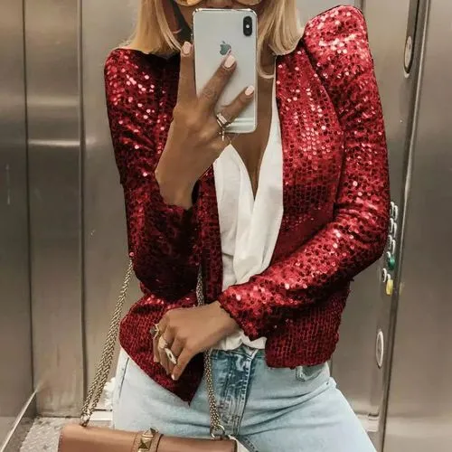 Women's Fashion Solid Color Sequins Patchwork Placket Coat Casual Jacket