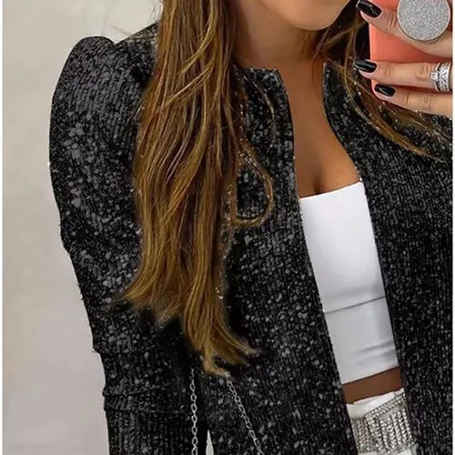 Women's Fashion Solid Color Sequins Patchwork Placket Coat Casual Jacket