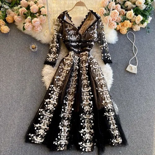 Women's Lace Dress Elegant Fashion V Neck Lace Appliques Long Sleeve Floral Knee-length Holiday Daily