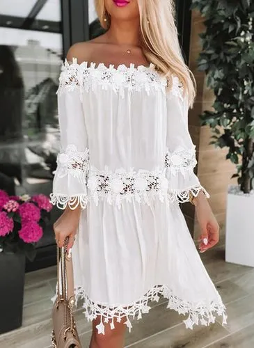 Women's Lace Dress Vacation Sexy Boat Neck Lace 3/4 Length Sleeve Solid Color Knee-length Holiday