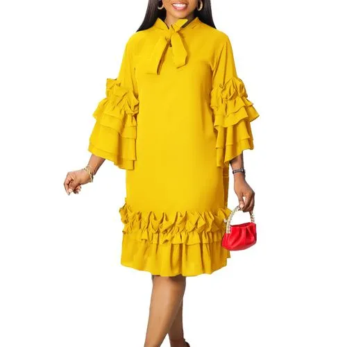 Women's Regular Dress Elegant High Neck Ruffles 3/4 Length Sleeve Solid Color Knee-Length Holiday