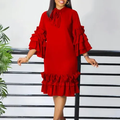 Women's Regular Dress Elegant High Neck Ruffles 3/4 Length Sleeve Solid Color Knee-Length Holiday