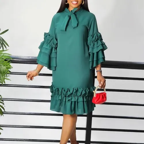 Women's Regular Dress Elegant High Neck Ruffles 3/4 Length Sleeve Solid Color Knee-Length Holiday