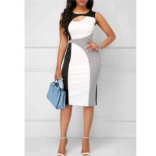 Women's Sheath Dress Elegant Round Neck Printing Sleeveless Geometric Knee-length Banquet