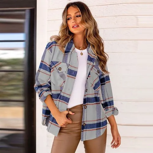 Women's Streetwear Tartan Single Breasted Shacket Woolen Coat