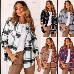 Women's Streetwear Tartan Single Breasted Shacket Woolen Coat