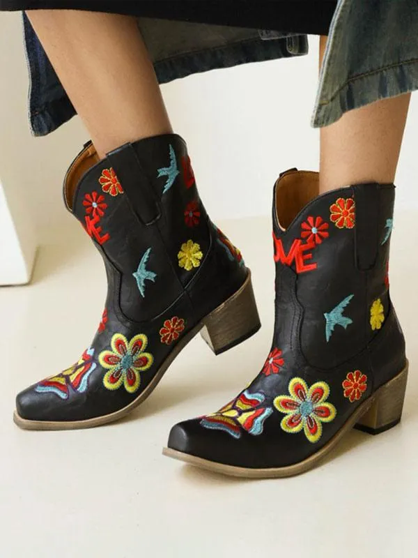 Women's Western Boots Pointed Toe Flowers Embroidered Cowboy Boots