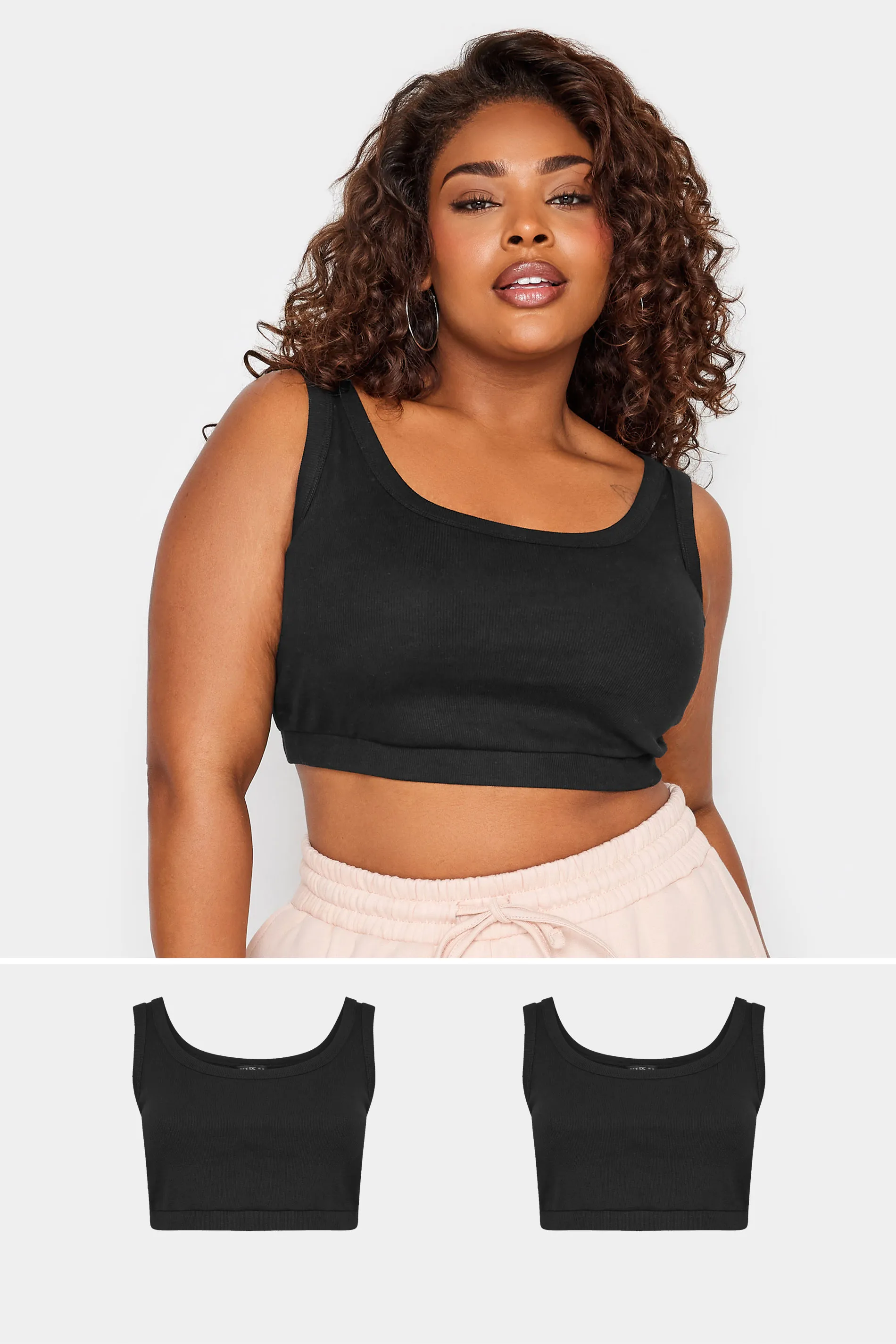 YOURS Curve 2 PACK Black Ribbed Crop Tops