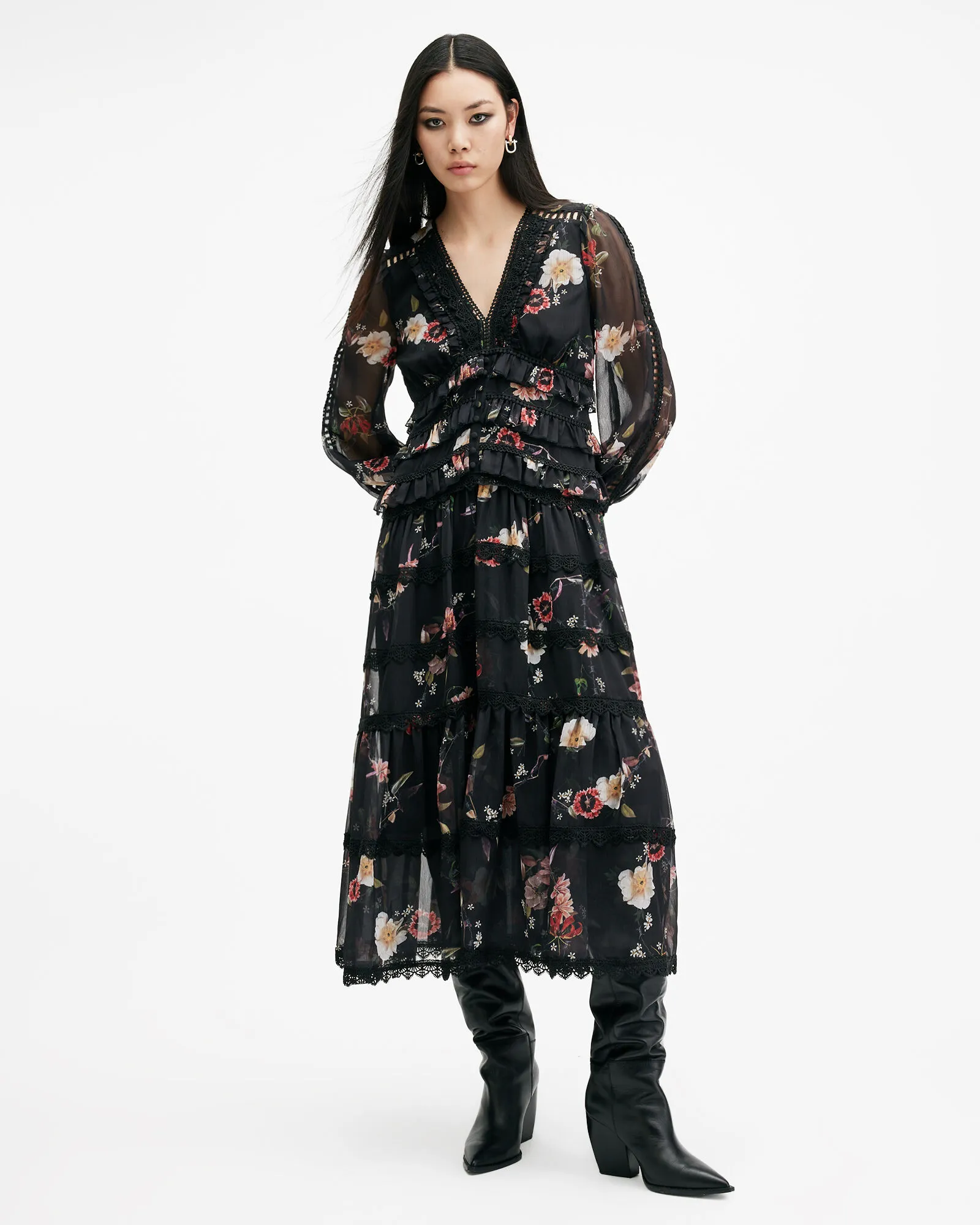 Zora Floral Ruffle Midi Dress